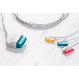 Reusable One Piece ECG Cable, Type Nihon Kohden, 3 Leads, 12 Pin Plug, Grabber