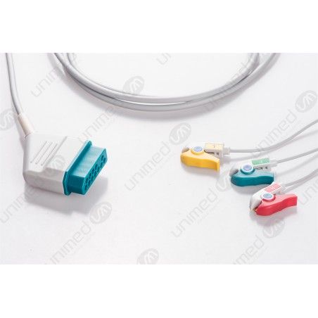 Wielorazowy kabel EKG - kompletny, 3 odprowadzeniowy, wtyk 12 pin, typu Nihon Kohden, klamra.