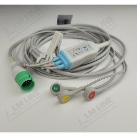 Reusable One Piece ECG Cable, Type Mediana, 3 Leads, 13 Pin Plug, Snap