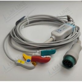 Reusable One Piece ECG Cable, Type Sigowill, Lutech, Bistos, 3 Leads, 12 Pin Plug, Grabber