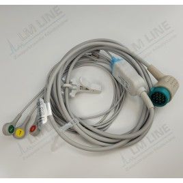 Reusable One Piece ECG Cable, Type Physio Control, 3 Leads, 12 Pin Plug, Snap