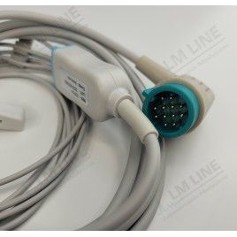 Reusable One Piece ECG Cable, Type Physio Control, 3 Leads, 12 Pin Plug, Snap