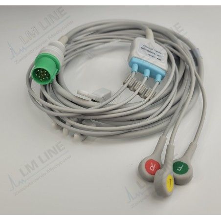 Reusable One Piece ECG Cable, Type GE/Hellige, 3 Leads, 10 Pin Plug, Snap