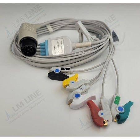 Wielorazowy kabel EKG - kompletny, 5 odprowadzeniowy, wtyk 8 pin, typu Nihon Kohden, klamra.