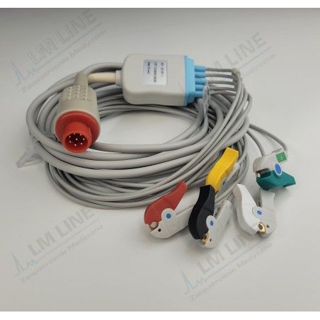 Wielorazowy kabel EKG - kompletny, 5 odprowadzeniowy, wtyk 12 pin, typu Bionet, klamra.
