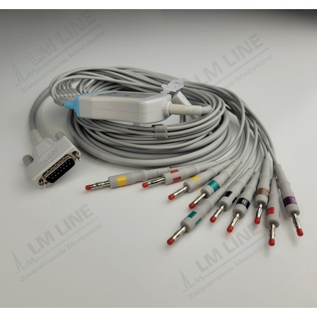 Wielorazowy kabel EKG - kompletny, 10 odprowadzeń, wtyk 15 pin, do Philips PageWriter TC10, banan 4mm, z rezystorem.
