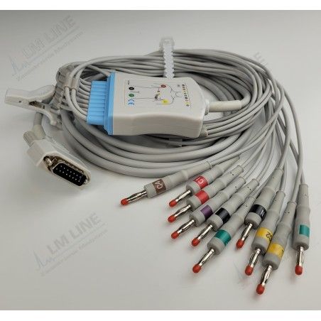 Wielorazowy kabel EKG - kompletny, 10 odprowadzeń, wtyk 15 pin, do Philips PageWriter TC20, banan 4mm, z rezystorem.