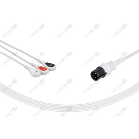 Wielorazowy kabel EKG - kompletny, 3 odprowadzeniowy, wtyk 6 pin, typu MEK, zatrzask.