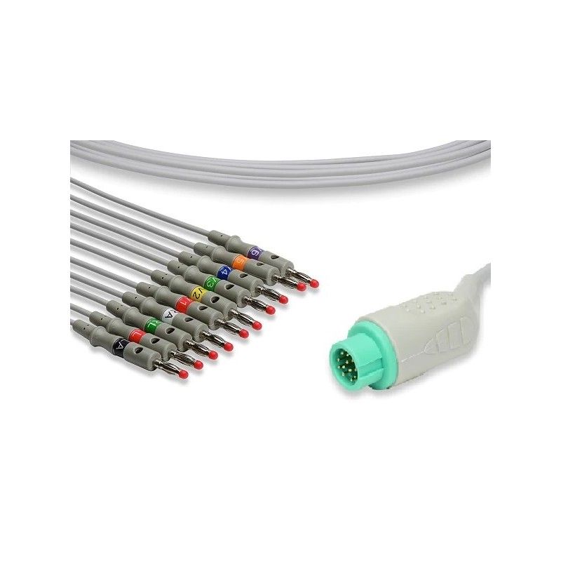 Wielorazowy kabel EKG - kompletny, 10 odprowadzeniowy, wtyk 12 pin, typu Mindray, banan.