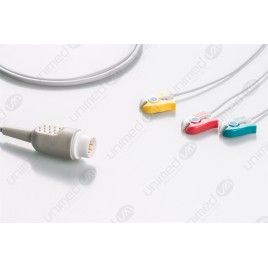 Reusable One Piece ECG Cable, Type Philips/HP, 3 Leads, 8 Pin Plug, Grabber