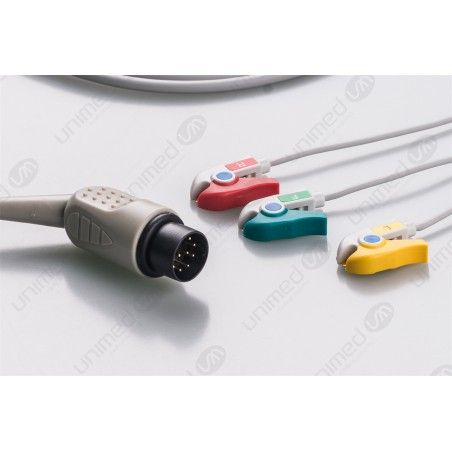 Reusable One Piece ECG Cable, Type Nihon Kohden, 3 Leads, 11 Pin Plug, Grabber