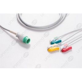 Reusable One Piece ECG Cable, Type Mindray, 3 Leads, 12 Pin Plug, Grabber