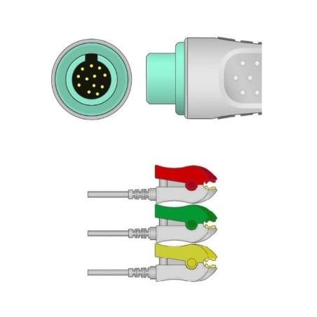 Wielorazowy kabel EKG - kompletny, 3 odprowadzeniowy, wtyk 12 pin, typu Mindray, klamra.