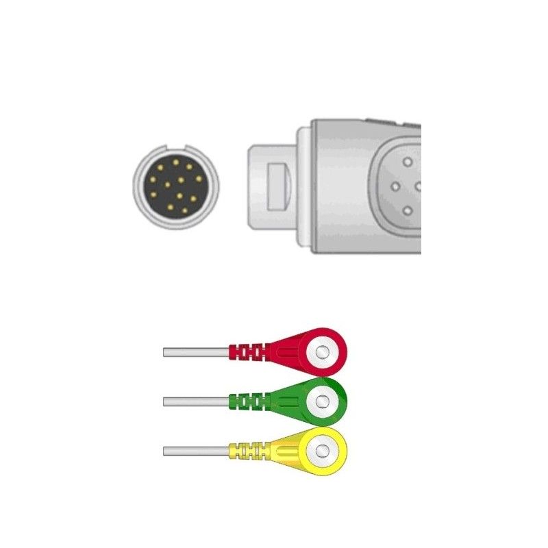 Wielorazowy kabel EKG - kompletny, 3 odprowadzeniowy, wtyk 12 pin, typu Mindray, zatrzask.