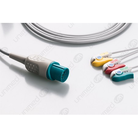 Wielorazowy kabel EKG - kompletny, 3 odprowadzeniowy, wtyk 12 pin, typu Nihon Kohden, klamra.