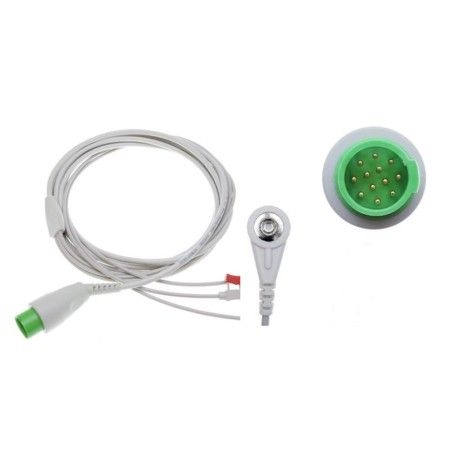 Reusable One Piece ECG Cable, Type Emtel FX2000, 3 Leads, 12 Pin Plug, Snap