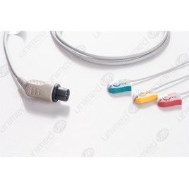 Reusable One Piece ECG Cable, 3 Leads, 6 Pin Plug, Type AAMI, Grabber, with Resistor
