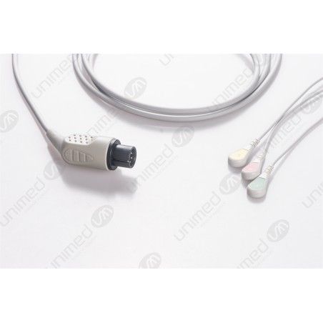 Reusable One Piece ECG Cable, 3 Leads, 6 Pin Plug, Type AAMI, Snap