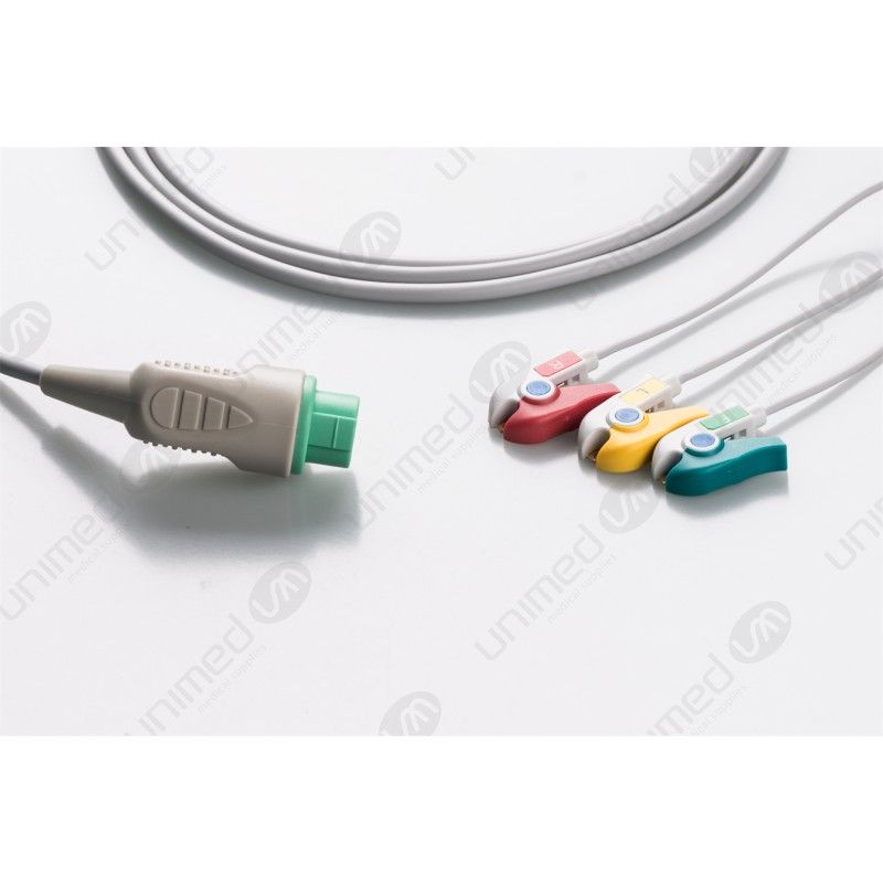 Wielorazowy kabel EKG - kompletny, 3 odprowadzeniowy, wtyk 12 pin, typu BCI/Biolight, klamra .