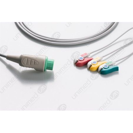 Reusable One Piece ECG Cable, BCI/Biolight, 3 Leads, 12 Pin Plug, Grabber