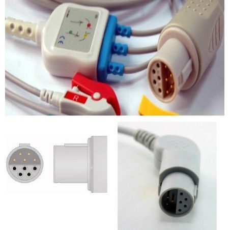 Reusable One Piece ECG Cable, Type Lohmerier, 3 Leads, 10 Pin Plug, Grabber