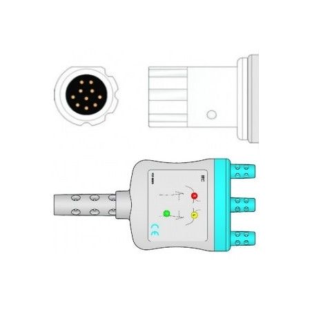 Wielorazowy kabel EKG - kompletny, 3 odprowadzeniowy, wtyk 10 pin, typu Drager, klamra.