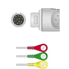 Reusable One Piece ECG Cable, Type Philips/HP, 3 Leads, 12 Pin Plug, Snap