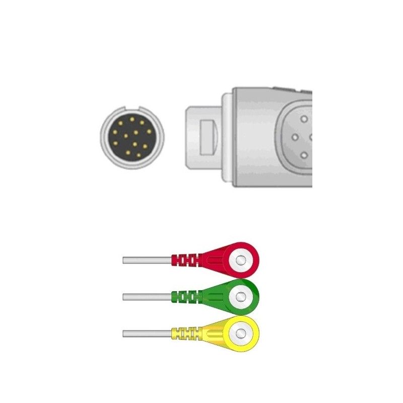 Wielorazowy kabel EKG - kompletny, 3 odprowadzeniowy, wtyk 12 pin, typu Philips/HP, zatrzask.