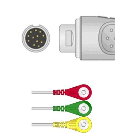 Wielorazowy kabel EKG - kompletny, 3 odprowadzeniowy, wtyk 12 pin, typu Philips/HP, zatrzask.