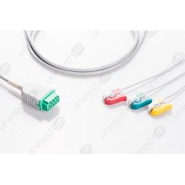 Reusable One Piece ECG Cable, Type GE/Marquette, 3 Leads, 11 Pin Plug, Grabber