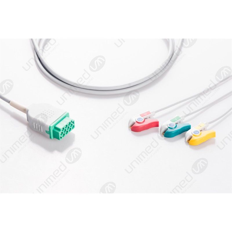 Wielorazowy kabel EKG - kompletny, 3 odprowadzeniowy, wtyk 11 pin, typu GE/Marquette, klamra.