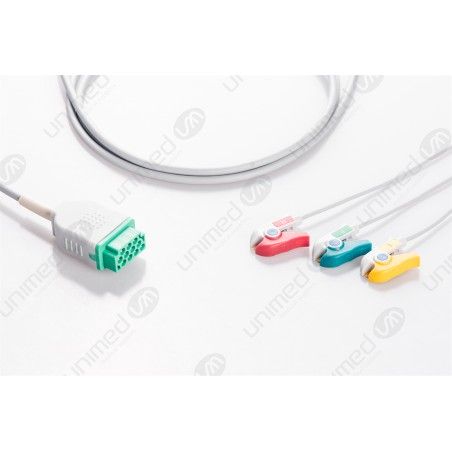 Wielorazowy kabel EKG - kompletny, 3 odprowadzeniowy, wtyk 11 pin, typu GE/Marquette, klamra.
