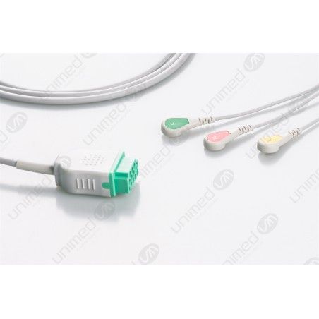 Reusable One Piece ECG Cable, Type GE/Marquette, 3 Leads, 11 Pin Plug, Snap