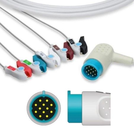 Wielorazowy kabel EKG - kompletny, 5 odprowadzeniowy, wtyk 12 pin, typu Physio Control, klamra.