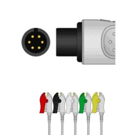 Wielorazowy kabel EKG - kompletny, 5 odprowadzeniowy, wtyk 6 pin, typu AAMI, klamra, z rezystorem
