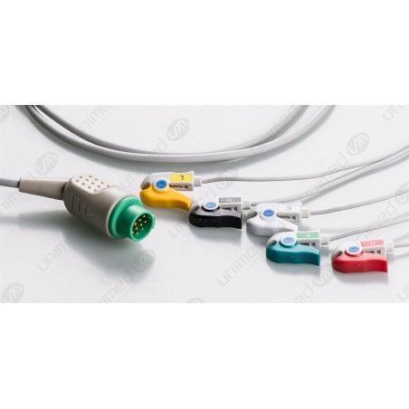 Wielorazowy kabel EKG - kompletny, 5 odprowadzeniowy, wtyk 12 pin, typu BCI/Biolight, klamra .