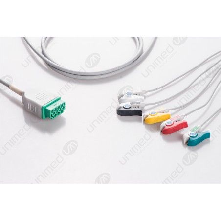 Wielorazowy kabel EKG - kompletny, 5 odprowadzeń, wtyk 11 pin, typu GE/Marquette, klamra.