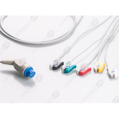 Wielorazowy kabel EKG - kompletny, 5 odprowadzeniowy, wtyk 10 pin, typu GE-Datex-Ohmeda, klamra.