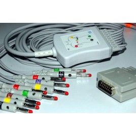 Wielorazowy kabel EKG - kompletny, 10 odprowadzeń, wtyk 15 pin, typu Burdick/Cardiac Science, banan 4mm.