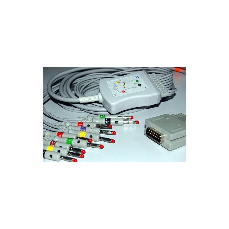 Wielorazowy kabel EKG - kompletny, 10 odprowadzeń, wtyk 15 pin, typu Burdick/Cardiac Science, banan 4mm.