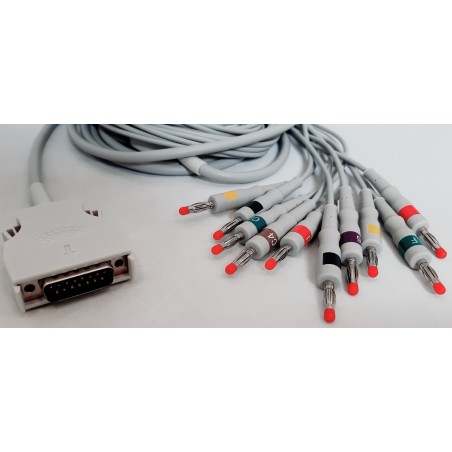 Wielorazowy kabel EKG - kompletny, 10 odprowadzeń, wtyk 15 pin, typu Mortara, banan 4 mm .