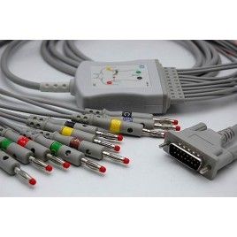 Wielorazowy kabel EKG - kompletny, 10 odprowadzeń, wtyk 15 pin, typu Schiller,Aspel, banan 4 mm .
