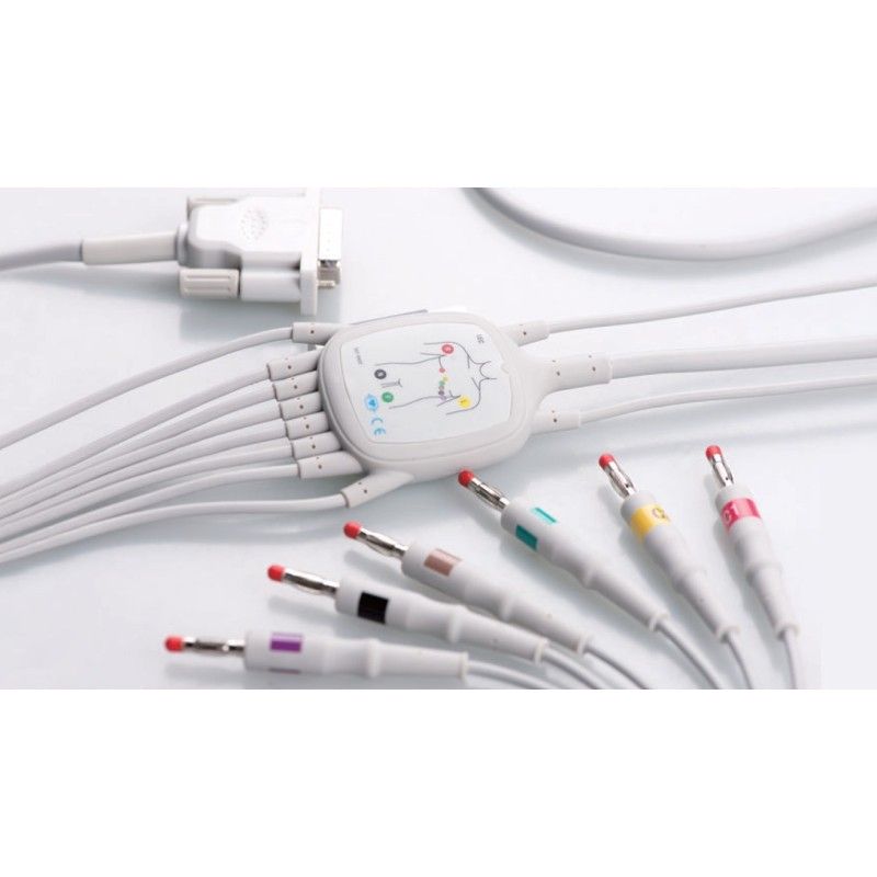 Wielorazowy kabel EKG - kompletny, 10 odprowadzeń, wtyk 15 pin, typu Schiller, Aspel, banan 4 mm, nowa kostka