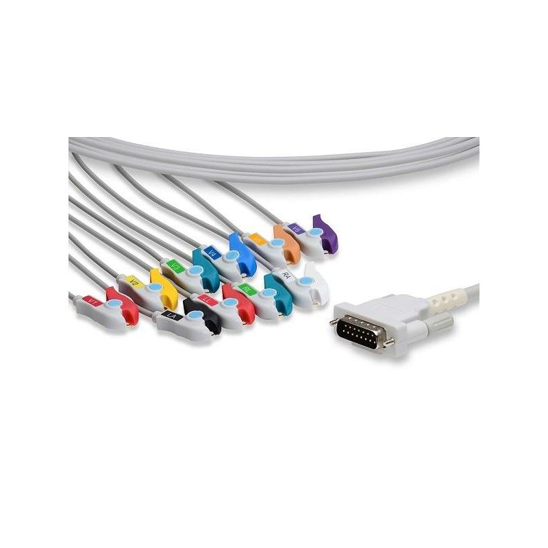 Wielorazowy kabel EKG - kompletny, 10 odprowadzeń, wtyk 15 pin, typu Schiller, Aspel, klamra, dł. 6.0 m