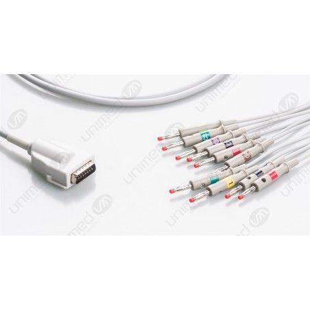 Wielorazowy kabel EKG - kompletny, 10 odprowadzeń, wtyk 15 pin, typu Burdick/Cardiac Science, banan 4mm, z rezystorem.