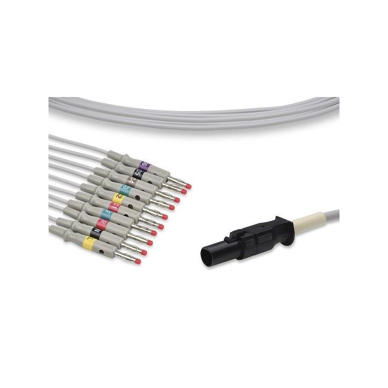 Wielorazowy kabel EKG - kompletny, 10 odprowadzeń, wtyk 12 pin, typu Quinton Q-Stress, banan 4mm, z rezystorem, dł. 3.3m