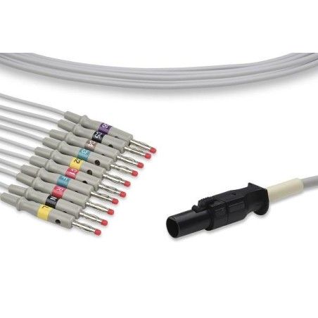One Piece Reusable ECG Cable, 10 Leads, 12 PIN, type Quinton Q-Stress, Banana 4mm, with a resistor, 3.3m