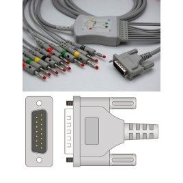 One Piece Reusable ECG Cable, 10 Leads, 15 PIN, type Edan, Banana 4mm, with a resistor