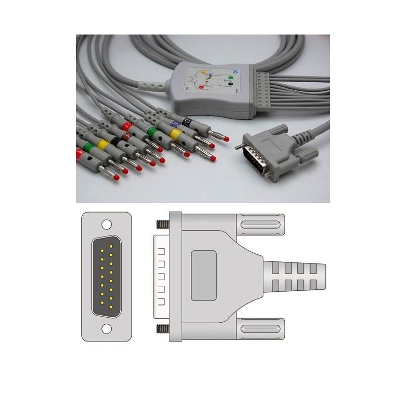 Wielorazowy kabel EKG - kompletny, 10 odprowadzeń, wtyk 15 pin, typu Edan, banan 4mm, z rezystorem.