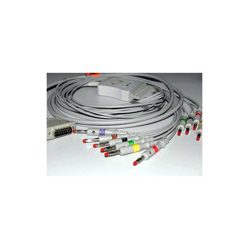 Wielorazowy kabel EKG - kompletny, 10 odprowadzeń, wtyk 15 pin, do Mindray BeneHeart R3 banan 4mm, z rezystorem.